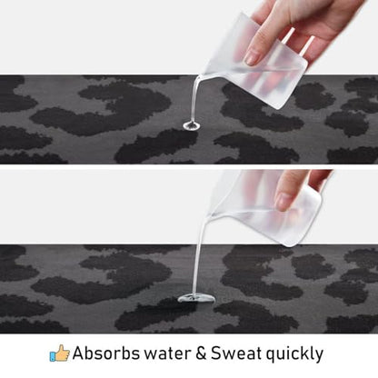 YETTASBIN Leopard Black Yoga Mat Towel, Non Slip Sweat Absorbent Hot Yoga Towel Portable Lightweight Travel Workout Towel with Storage Bag for Home Yoga, Pilates, Fitness 73x 27 Inch