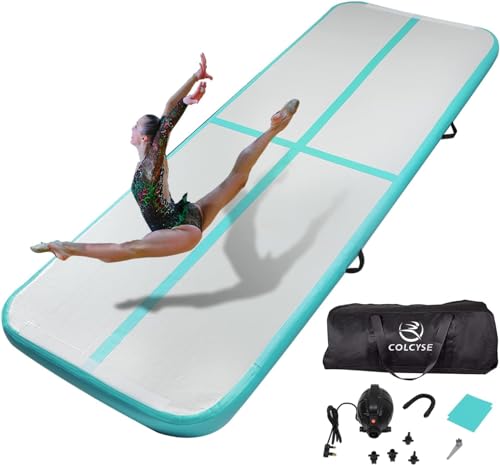Inflatable Gymnastics Tumbling Mat, 4/8 Inch Thick 10/13/16/20/23FT Training Mat with Electric Air Pump, Non-Slip Waterproof PVC for Home Gym Outdoor Cheerleading Yoga Taekwondo - color: Mint Green, size: 13ft*3.3ft*4in(4*1*0.1M)