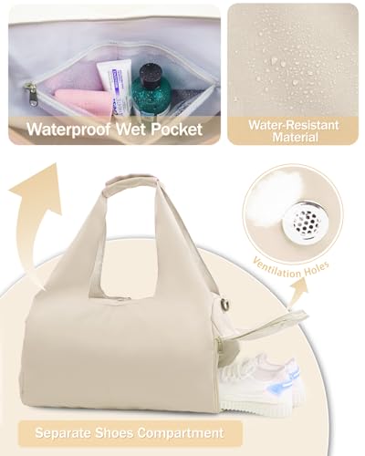 RHDZO Gym Bag for Women with Shoe and Wet Compartments, Yoga Mat Holder | Travel Duffel Bag with Water Bottle Holder, Weekend Overnight Bag for Workout Sport Dance Pilate, Detachable Shoulder Strap - color: Beige