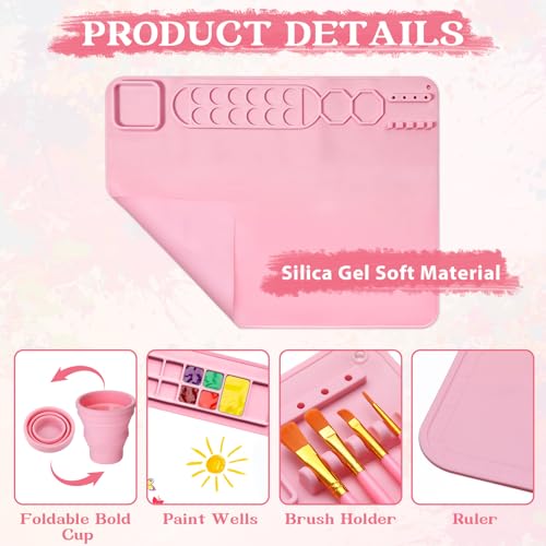 Painting Station Paint Brush Cleaner 20"X16" Silicone Paintings Mat with Cup and Paint Holder 10 Paintings Brushes Children's Painting Set Art Supplies for Kids Back to School Gifts DIY Crafts (Pink) - color: Pink