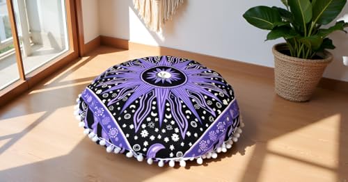 ICC Round Mandala Floor Pillow Cover Seating Cushion Throw Cover Hippie Decorative Bohemian Ottoman Pouf Cover, Pom Pom Pillow Cases,Boho Indian 22 Inches Purple Burning Sun - color: Purple, size: 22" x 22" (Pack of 1)