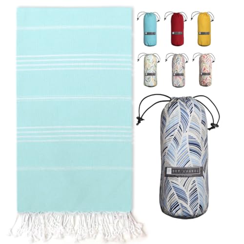 BAY LAUREL Turkish Beach Towel with Travel Bag 39 x 71 Quick Dry Sand Free Lightweight Large Oversized Towels Light - (Aqua with Blue Floral Bag) - color: Aqua With Blue Floral Bag