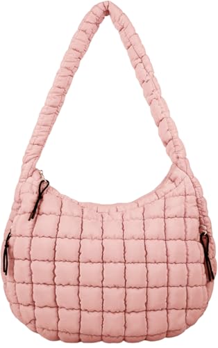 Puffer Tote Bag for Women, Large Quilted Puffer Bag with Pouch, Puffy Quilted Hobo Bag, Puff Crossbody Purse - color: 1-pink