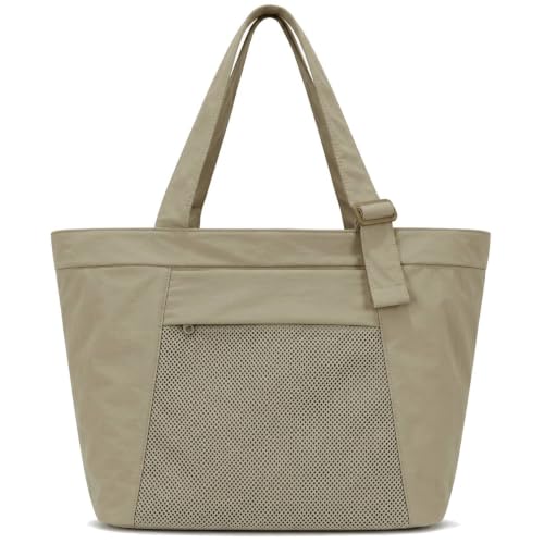 Travel Tote Bag for Women, Large Nylon Bag with Yoga Mat Strap and Luggage Sleeve,Shoulder Bag for Daily Use - color: Khaki