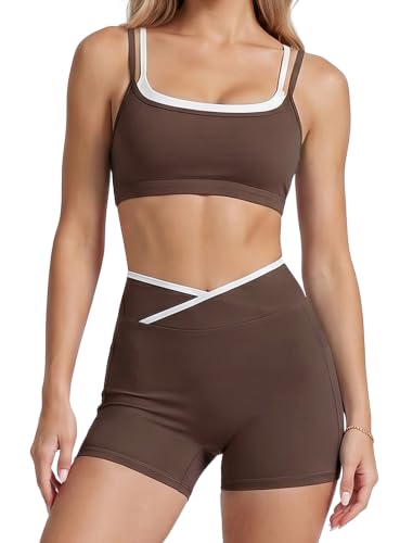 Layered Workout Sets for Women 2 Piece Matching Gym Yoga Set Pilates Outfit - color: Coffee, size: Small