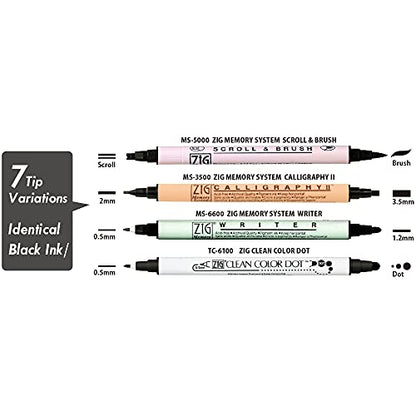 Kuretake ZIG Twin Marker BLACK 4 Assortment set for Hand Lettering, Calligraphy Art, Illustration, Journaling, Cartooning, AP- Certificated, Made in Japan
