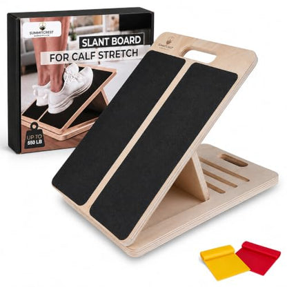 SummitCrest Wooden Slant Board for Calf Stretching, Calf Stretch Board | 5 angle adjustable incline board, 550 lbs, calf stretcher and squat wedge for squats, mobility, resistance bands included