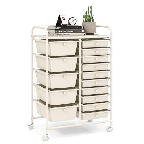 LDAILY 15 Drawer Rolling Storage Cart, Rolling Cart with Drawers for Classroom, Art Supply Craft Organizer on Wheel with Metal Frame & Handles for Home Office School - color: White, size: 15 Drawer