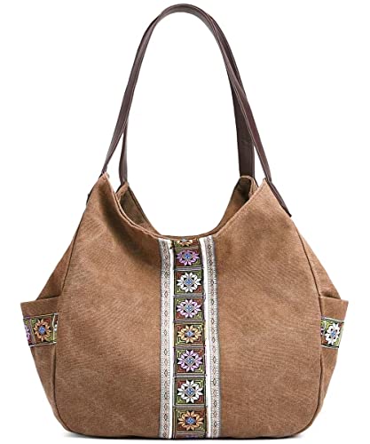 Worldlyda Women Canvas Hobo Purse Multi Pocket Tote Shopper Shoulder Bag Casual Top Handle handbag with Embroidery Ethnic - color: Brown 3