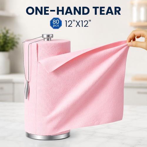 Veco Microfiber Cleaning Cloth Roll with Holder 80 PCS, 12" x 12" Pink | Tear Away Reusable Towels, Lint-Free & Streak-Free Cleaning Cloths, Paper Towel Alternative for Kitchen, Home & Car - color: Pink-st