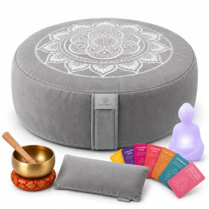 Meditation Cushion Set with Buckwheat Zafu Pillow, Meditation Starter Kit | Meditation Starter Kit with Buckwheat Zafu Cushion, Breathing Light, Singing Bowl & Eye Pillow for Mindfulness