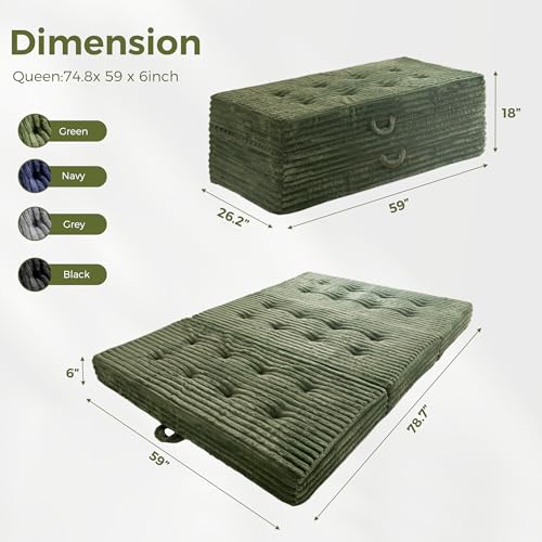 MAXYOYO Folding Sofa Couch Bed, 6 Inch Tri-Fold Floor Sofa Bed, Folding Mattress with Handles, Soft Faux Fur Folding Bed with Supportive Foam Filling, Portable Couch for Living Room, Queen, Dark Green - color: Dark Green, size: Queen