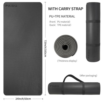 PAIDU Yoga Mat 8mm Super Thick TPE Fitness Mat | SGS Certified | Non-Slip, Odorless & Tear-Resistant | Unisex with Strap | for Yoga, Pilates, Meditation & Home Workouts (Black)
