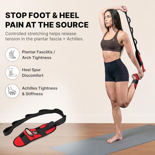 DMoose Fitness Foot & Calf Stretcher with Adjustable Padded Stretching Strap for Plantar Fasciitis, Hamstring, Heel Spurs and Achilles Tendonitis Relief - Yoga Leg Stretch Strap for Flexibility - color: Red