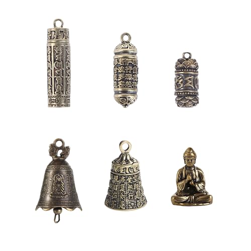 Vctitil 6 Pcs Buddhist Supplies Set-Mini Brass Sakyamuni Buddha Ornament,Heart Sutra Bell,Brass Bell,Buddhist Cylindrical Box,for Car Pendant,Home Decor
