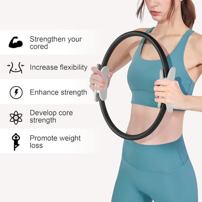 Pilates Ring 15 Inch Magic Circle Ring, Dual Padded Handles Pilates Rings Circle, Adjustable Yoga Ring - color: Black