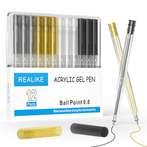 REALIKE Acrylic Gel Pens Compatible with Cricut Maker 4/Maker 3/Maker/Explore 5/4/3/Air 2/Air, Black White Silver Gold Acrylic Pens for Rocks, Paper, Wood, Canvas, Glass, Ceramic, Fabric (0.8 Tip)