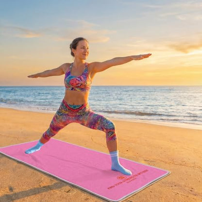 Upgraded Yoga Mat Towel with Bonus Grip Socks, Elegant Embroidered - color: Rose Pink