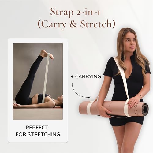 Premium PU Yoga Mat | Sweat-Activated Non-Slip Grip | Natural Rubber Base | Arch-Shaped Design with Carry & Stretch Strap | For Yoga, Pilates & Stretching & Workouts - color: dusty pink