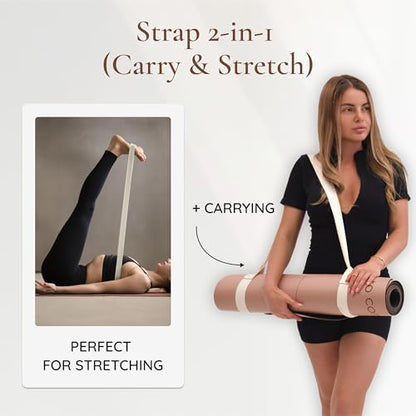 Premium PU Yoga Mat | Sweat-Activated Non-Slip Grip | Natural Rubber Base | Arch-Shaped Design with Carry & Stretch Strap | For Yoga, Pilates & Stretching & Workouts - color: dusty pink