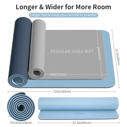 8mm Extra Wide 80cm Yoga Mat Non Slip | Spacious 80cm x 72" mat for tall users, gym, pilates. POE, reversible dual-color, non-slip, tear-proof, odorless, strap. - color: Blue-gray+Navy blue