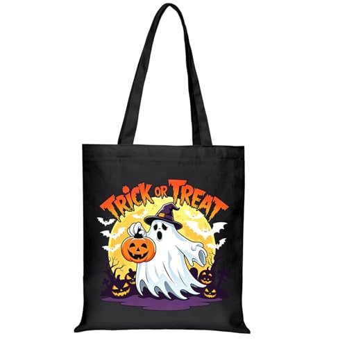 Canvas Tote Bag with Zipper for Women, Halloween Trick or Treat Bags Bulk | 13.8" x 15.3" Fashionable Two-Tone Cotton Tote Bag for Crafts, DIY Your Creative Designs - color: [A0] Halloween - Black