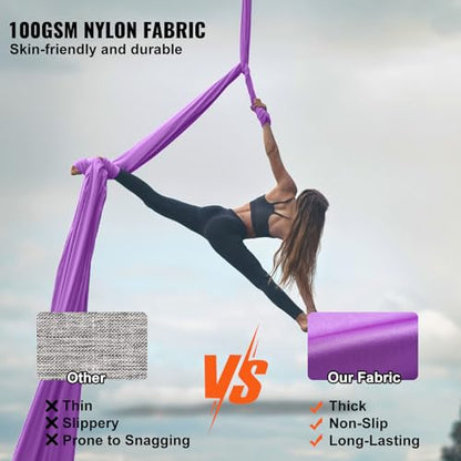 Happybuy Aerial Silk & Yoga Swing, 8.7 Yards, Aerial Yoga Hammock Kit, 100gsm Nylon Fabric, Full Rigging Hardware, Purple, Antigravity Flying for All Levels
