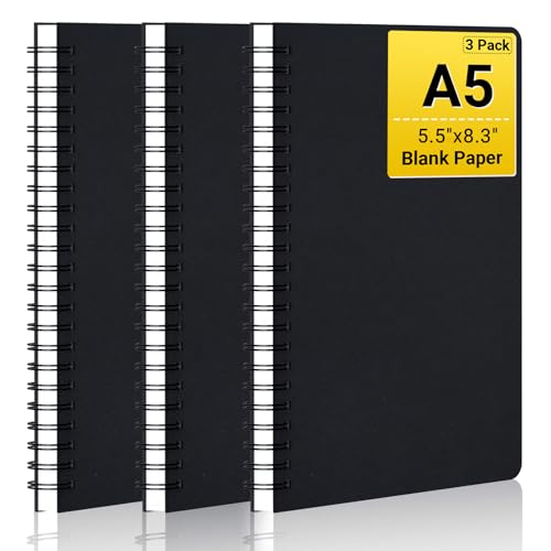 EUSOAR Spiral Notebook Journal, A5 3packs 5.5"x8.3" Hardcover Blank Kraft Sketch Notebook Journals Bulk，College Wirebound Memo Notepads Diary Planner Notebook with Unlined Paper 120pages/60sheets - color: Black, size: A5-3 Packs