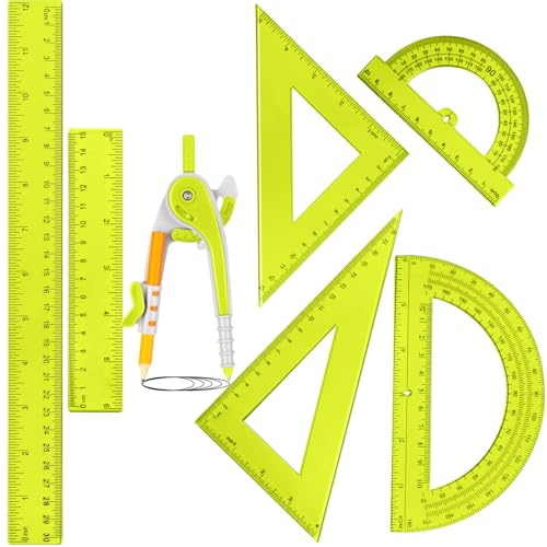 Zonon 1 Set Plastic Geometry Math Set 7 Pcs Includes 6'' / 4 '' Protractor, Drawing Compass, 45/60 Degree Triangle Rulers, 12'' / 6'' Math Ruler Transparent for Office Supplies(Yellow) - color: Yellow