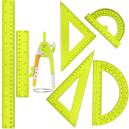 Zonon 1 Set Plastic Geometry Math Set 7 Pcs Includes 6'' / 4 '' Protractor, Drawing Compass, 45/60 Degree Triangle Rulers, 12'' / 6'' Math Ruler Transparent for Office Supplies(Yellow) - color: Yellow
