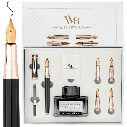 Wordsworth & Black Luxury Fountain Pen Set for Writing, 6 Nibs, Black Rose | Fountain Ink Bottle, Cartridges & Refill Converter, Refillable, Black, High End Gift for Men & Women, Journaling & Lettering - color: Black Rose Gold