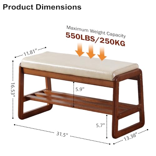 SOBIBO Solid Wood Shoe Bench, 2-Tier Wooden Entryway Bench, Modern Shoe Rack with Faux Leather Cushion for Hallway, Living Room (Gray, 31.5'') - color: Beige, size: 31.5 inches