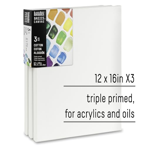 Liquitex BASICS Canvas, 3 pack, 12" x 16" | Archival, Acid-Free, Non-Toxic, Medium Texture Cotton, Pre-primed with a triple layer of acrylic gesso, Stapled & Stretched - style: 12" x 16"