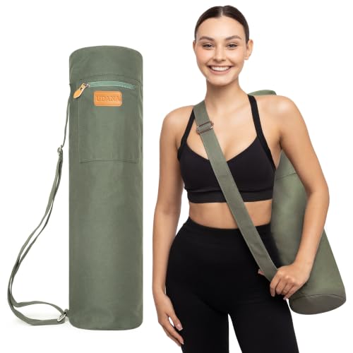 UDANA Canvas Yoga Mat Bag for Women & Men, Full-Zip Carrier with 3 Pockets & Adjustable Strap, Stylish Gym & Pilates Bag – Available in Multiple Sizes - color: Green, size: Extra Large: 2/5" to 1/2" (11-13mm) Thick Mats