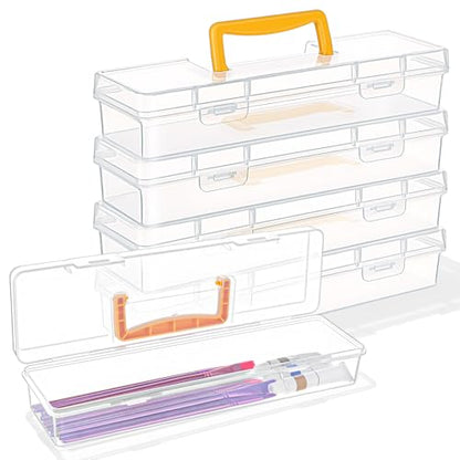 5 Pack Paint Brush Storage Box Portable 13 Inch Long Art Supply Case with Handle Clear Plastic Organizer for Drawing Tools Pencils and Craft Supplies