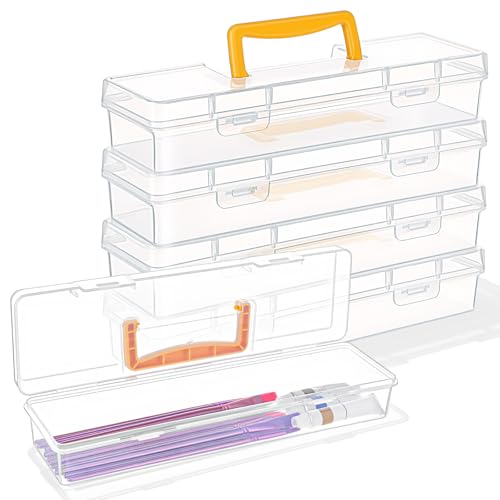 5 Pack Paint Brush Storage Box Portable 13 Inch Long Art Supply Case with Handle Clear Plastic Organizer for Drawing Tools Pencils and Craft Supplies