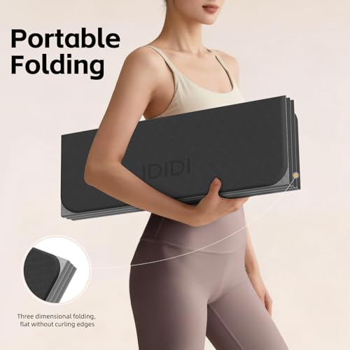Foldable Yoga Mat Extra Thick 0.32"(8mm) | Folding Exercise Mat,Odorless POE, Non-Slip Grip, No-Curl Edges, Great for Yoga, Pilates & Home Workouts - color: Black-Pattern