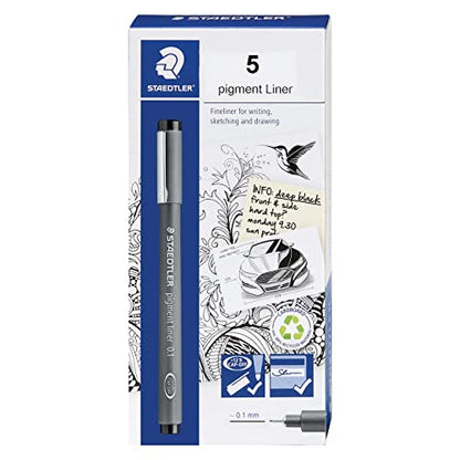 Staedtler Pigment Liner, Fineliner Pen for Drawing, Drafting, Journaling, 0.1mm, Black, Box of 5 Pens, 308 01-9M - style: 0.1mm