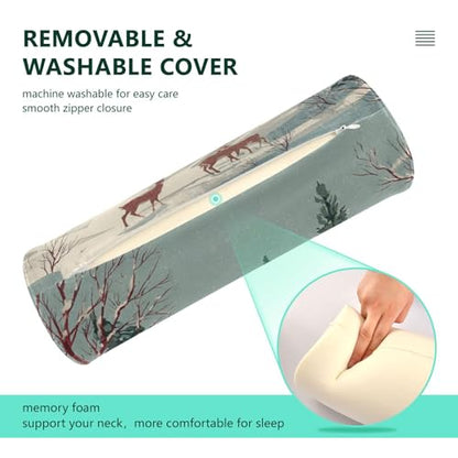 Bolster Pillow Neck Pillow Round Soft Health Memory Foam Pillows Long Cylindrical Body Pillow with Removable Cover Cute Back Yoga Christmas House Deer Green 17" x 5.5" - color: Christmas House Deer Green