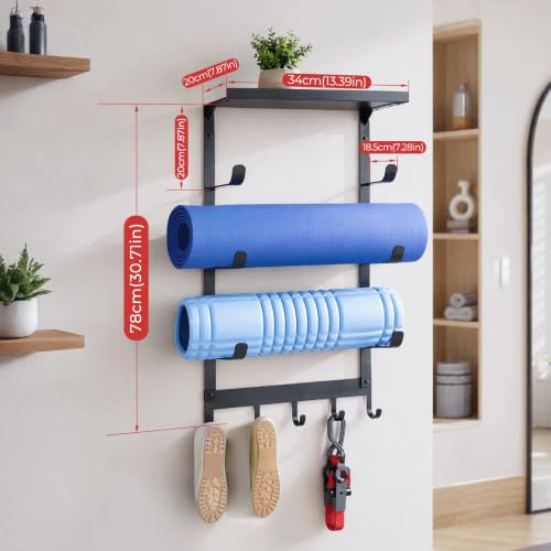 Yoga Mat Holder Wall Mount, 4-Tier Home Gym Storage Rack with 5 Hooks & 3 Yoga Mat Portable Straps, Heavy Duty Metal Yoga Mats Organizer With Floating Shelf for Foam Roller, Resistance Bands