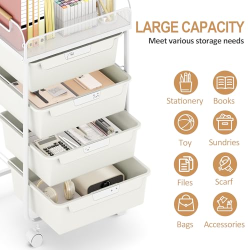 SYKIARIOL 4-Drawer Rolling Storage Cart with Mesh Top,White | Utility Craft Organizer Cart on Wheels with 4 DIY Labels, Rolling Drawer Cart for Home Office Classroom Bedroom - color: Cream White