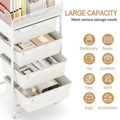 SYKIARIOL 4-Drawer Rolling Storage Cart with Mesh Top,White | Utility Craft Organizer Cart on Wheels with 4 DIY Labels, Rolling Drawer Cart for Home Office Classroom Bedroom - color: Cream White