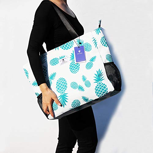 ESVAN LARGE BEACH BAG Water Resistant Lightweight 20 inch Women Oversize Tote Bag for Gym Beach Travel Pool Yoga Nurse - color: Pineapple