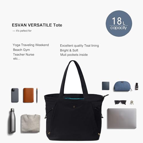 ESVAN Yoga Tote Bag for Women Shoulder Bags Drawstring for Office Workout Travel Carryall Pilates Gym and Beach - color: Black