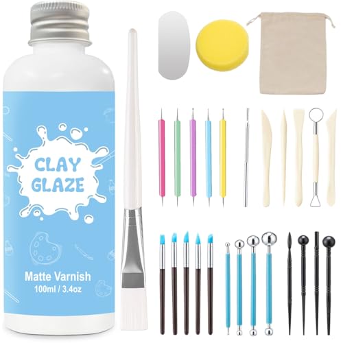 EIGTWEN 100ml Air Dry Clay Glaze and 29pcs Clay Tools Kit, Matte Varnish | Matte Glaze, Waterproof,Prevents Clay Scratches & Wear, Air Dry Clay Tool,Dotting Tools,Ball Tools,Carving Tools,Shaper Tools - size: Matte