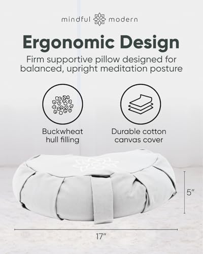 Mindful & Modern Large Meditation Cushion | Zafu Yoga Bolster Meditation Floor Pillow Seat | Buckwheat Hull Filled Crescent Shaped Cushion with Removable Washable Cover + Carry Handle | White - color: Crescent - White