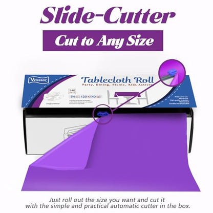 Plastic Table Cover Roll Disposable Tablecloth: 54in X 120ft Table Covers Plastic Table Cover Roll with Easy Slide Cutter Plastic Table Cloths for Parties Disposable-Purple - color: Purple, size: 1440" x 54" (Rectangular)