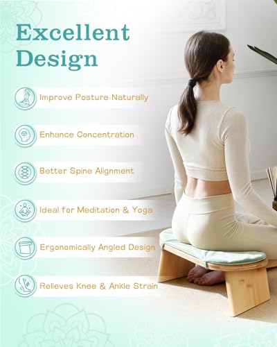 Hihealer Folding Bamboo Meditation Bench with Cushion & Carry Bag – Ergonomic Yoga and Prayer Stool for Comfort and Posture Support (Green) - color: Green