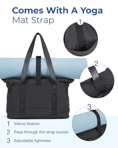 BAGSMART Tote Bag for Women, Lightweight Tote Bag with Yoga Mat Strap - color: 블랙.