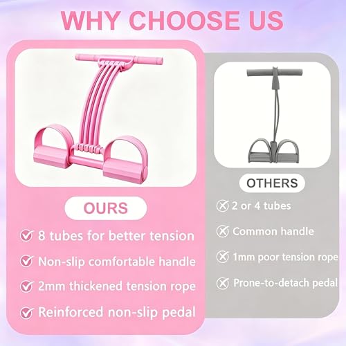 Multifunctional Pedal Resistance Band with Handles, 8-Level Adjustable Exercise Bands for Legs, Detachable TPE Workout Bands Resistance for Ab Crunch, Chest Expansion & Back Stretching - color: Pink